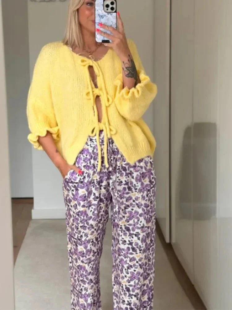 Cardigan med knytband - Gul Loose Fit Stickad Cardigan med knytband för kvinnor