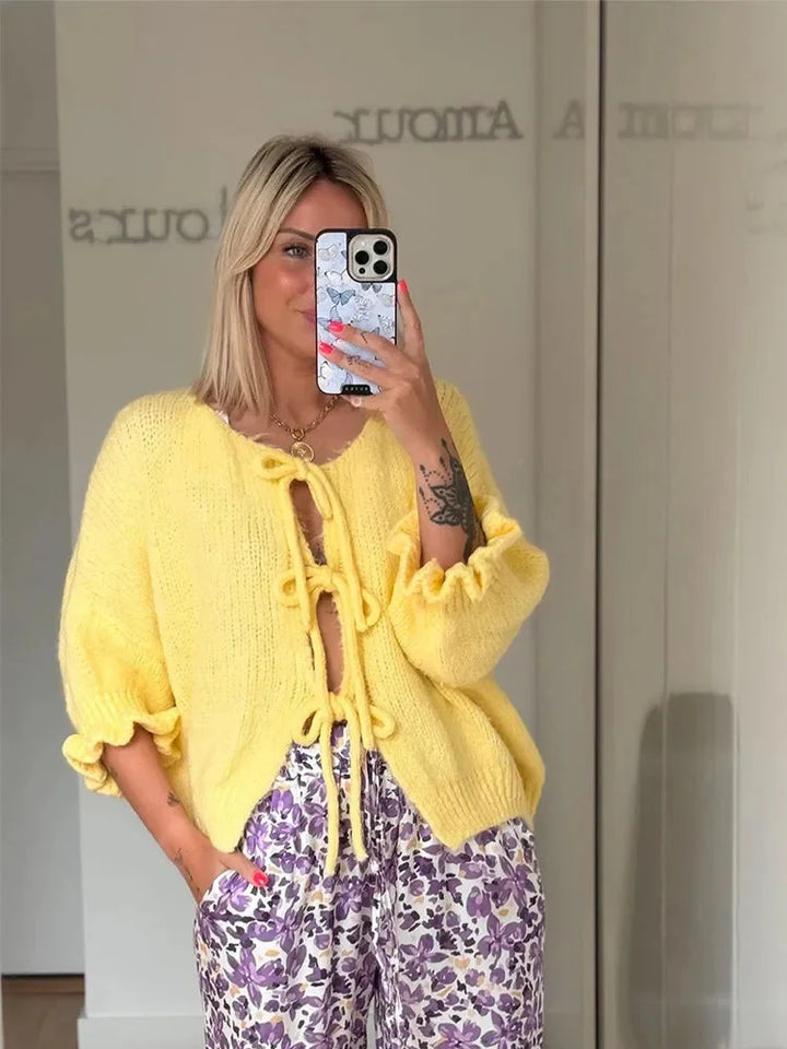 Cardigan med knytband - Gul Loose Fit Stickad Cardigan med knytband för kvinnor