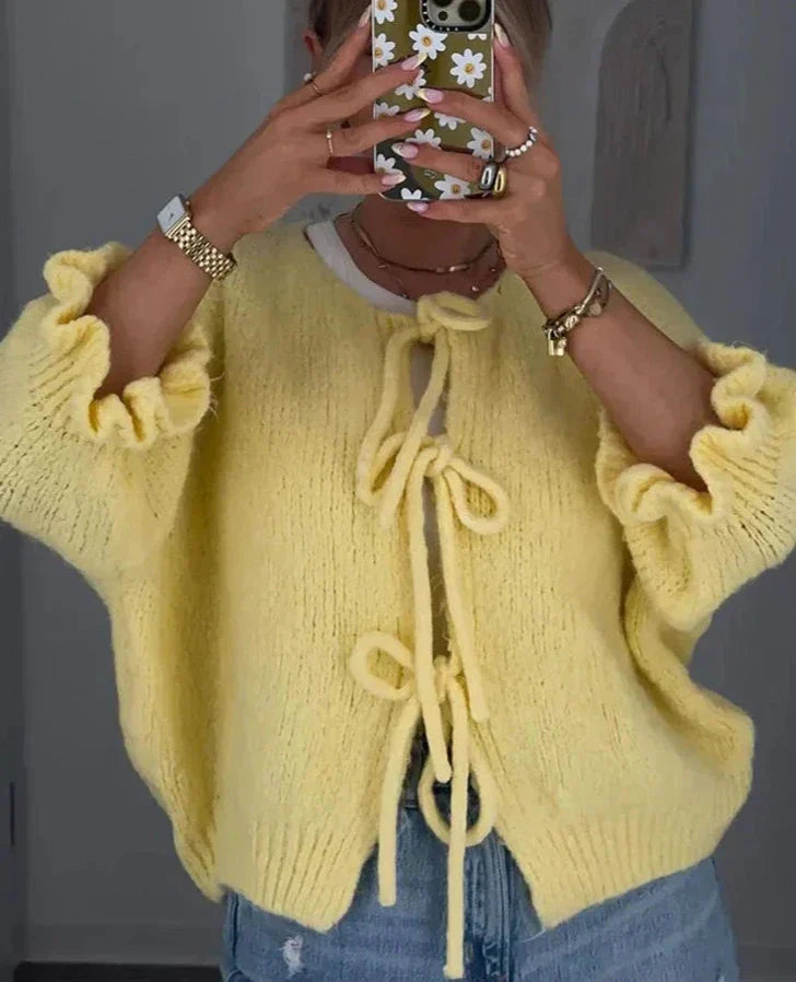Cardigan med knytband - Gul Loose Fit Stickad Cardigan med knytband för kvinnor