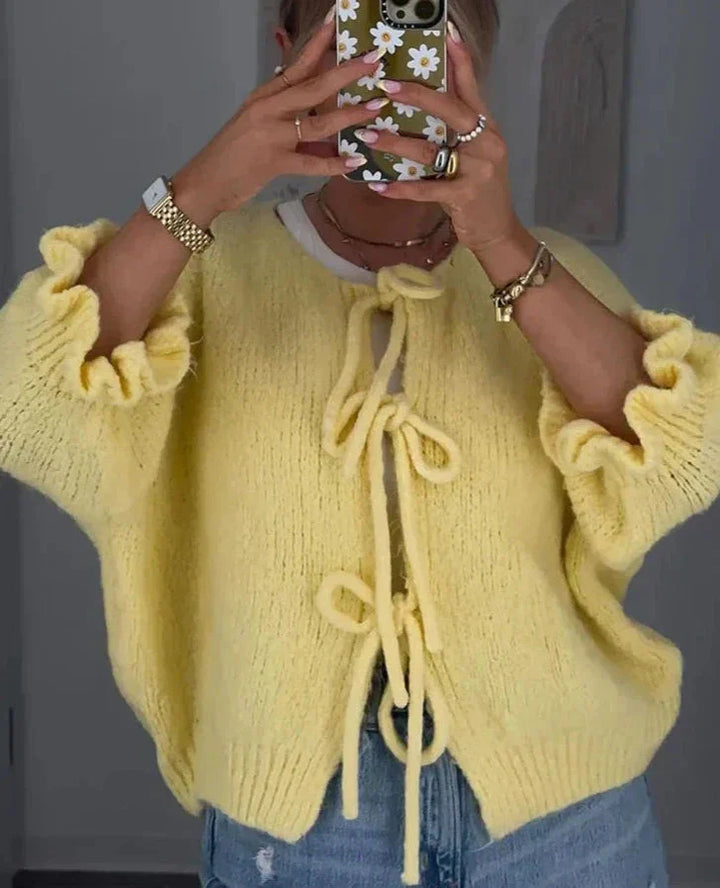 Cardigan med knytband - Gul Loose Fit Stickad Cardigan med knytband för kvinnor