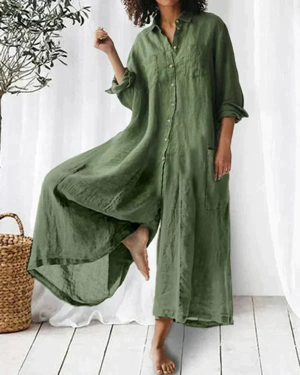Casual Jumpsuit | Löst sittande | Knäppt | Långärmad Jumpsuit | Jumpsuit med vida ben