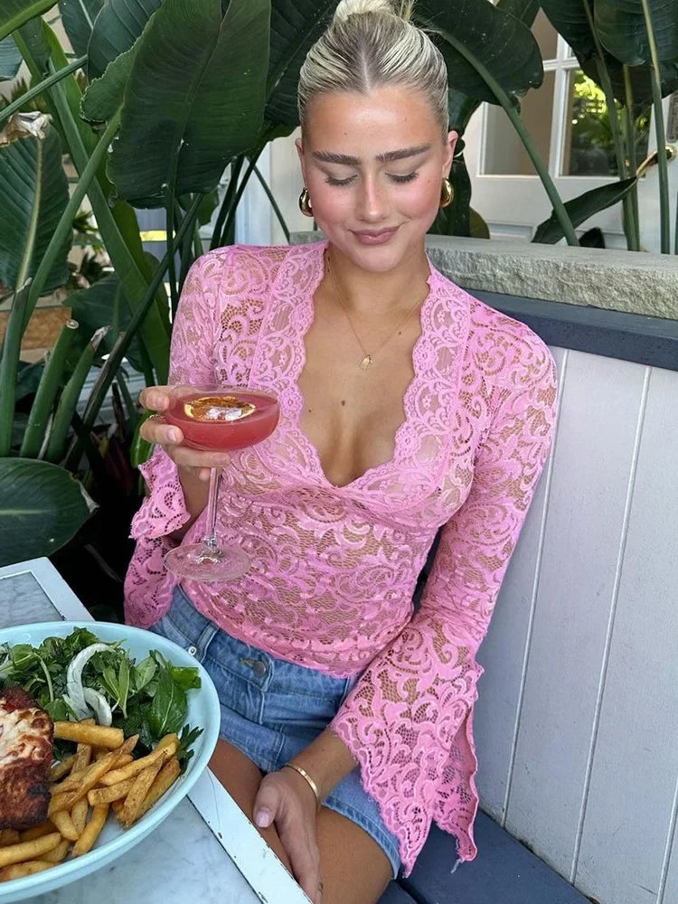 Dam Lace Topp Elegant Chic Med Dekorativa Detaljer