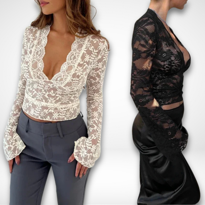 Dam Lace Topp Elegant Chic Med Dekorativa Detaljer