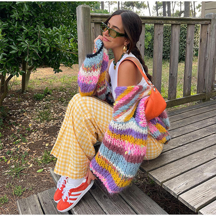 Chunky Cardigan - Färgstark randig stickad cardigan med öppen front för kvinnor