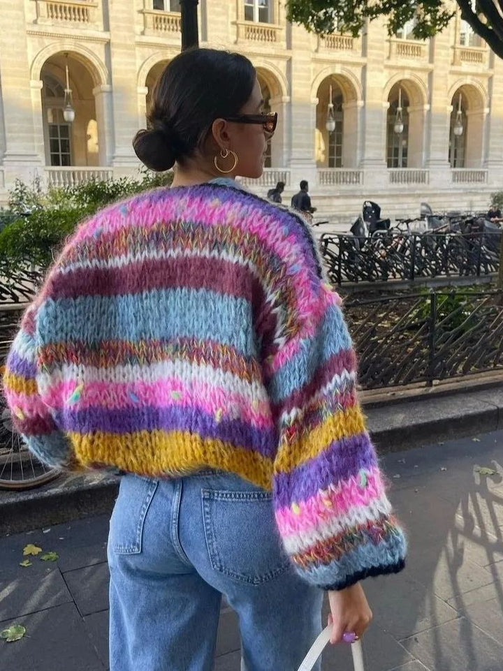 Chunky Cardigan - Färgstark randig stickad cardigan med öppen front för kvinnor