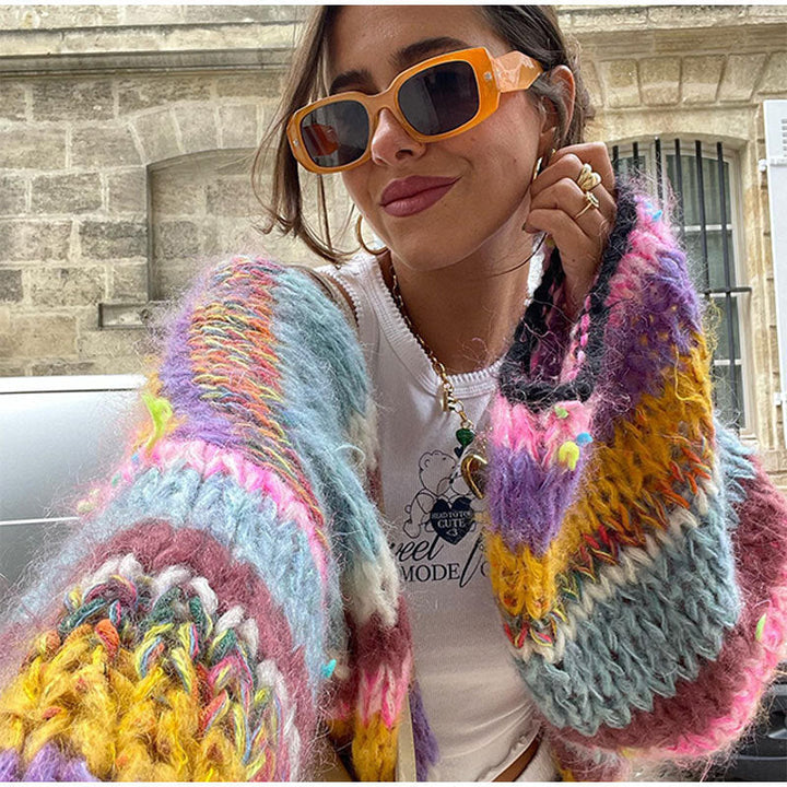 Chunky Cardigan - Färgstark randig stickad cardigan med öppen front för kvinnor