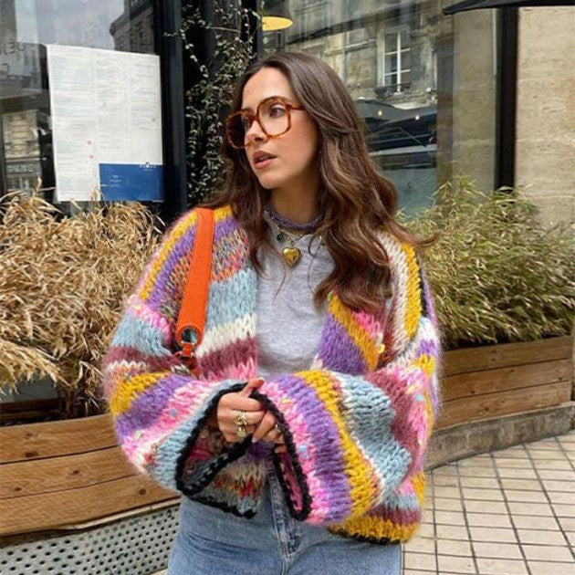 Chunky Cardigan - Färgstark randig stickad cardigan med öppen front för kvinnor