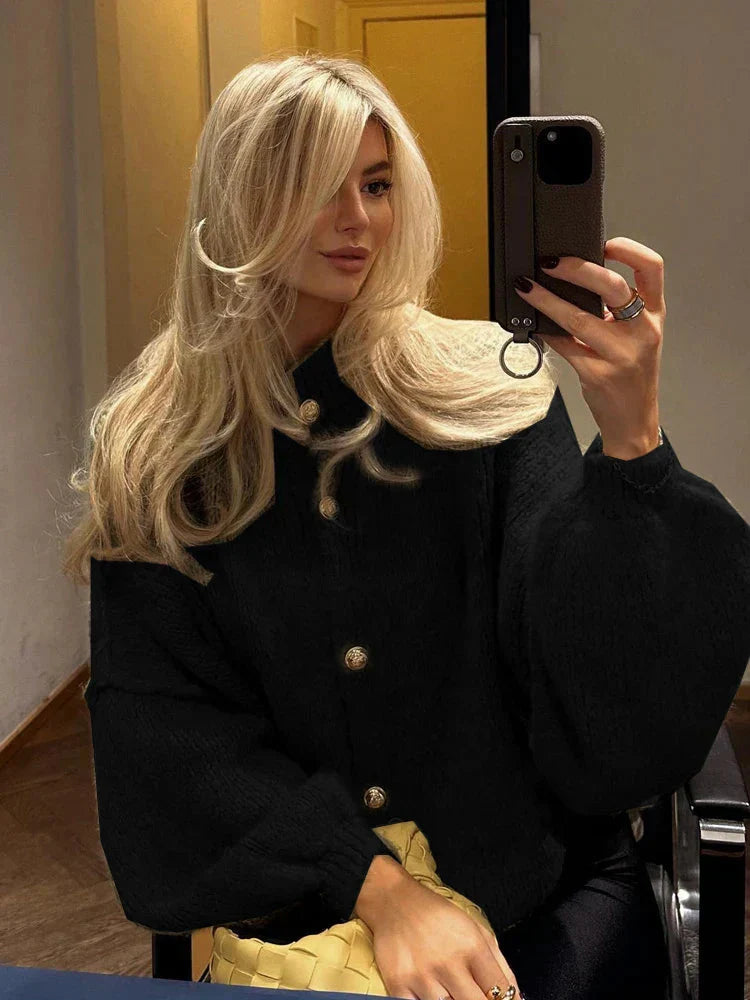 Chunky Cardigan - Överdimensionerad stickad cardigan med hög hals för kvinnor