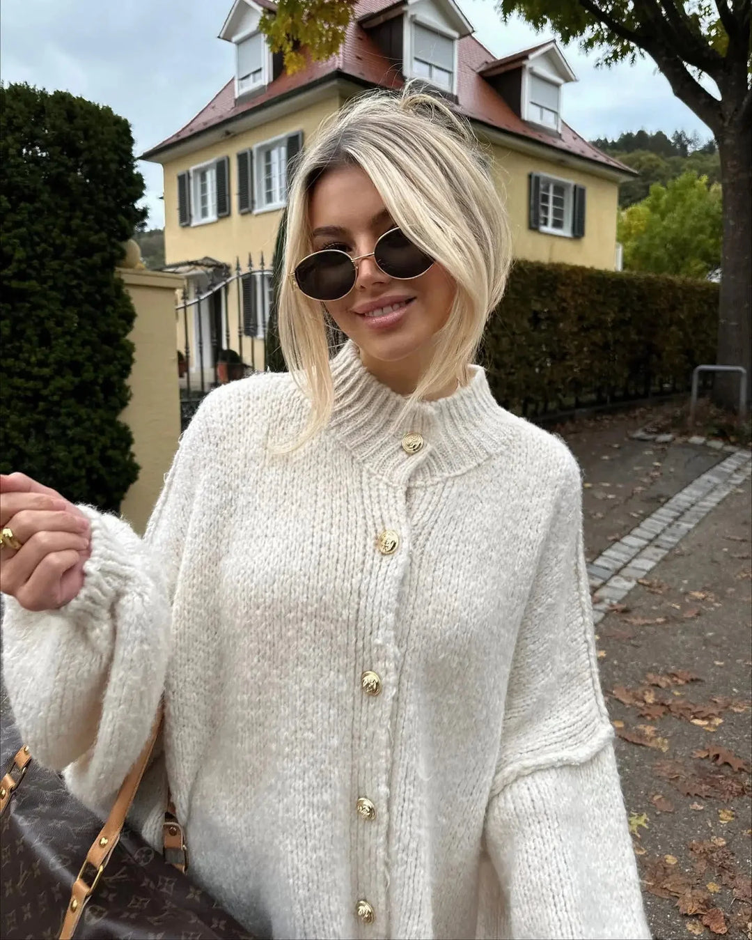 Chunky Cardigan - Överdimensionerad stickad cardigan med hög hals för kvinnor