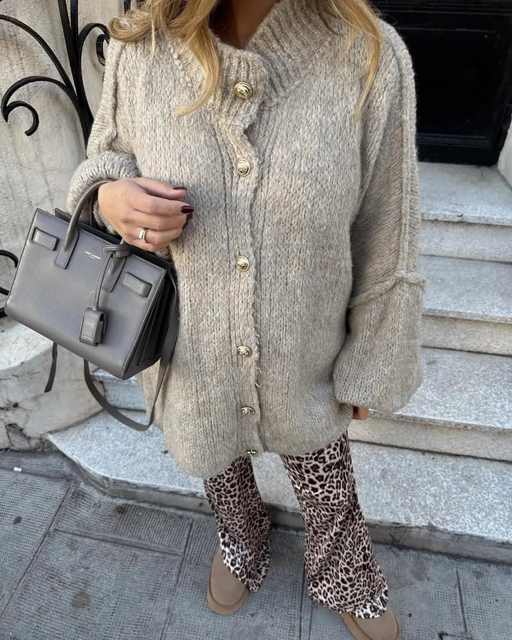Chunky Cardigan - Överdimensionerad stickad cardigan med hög hals för kvinnor