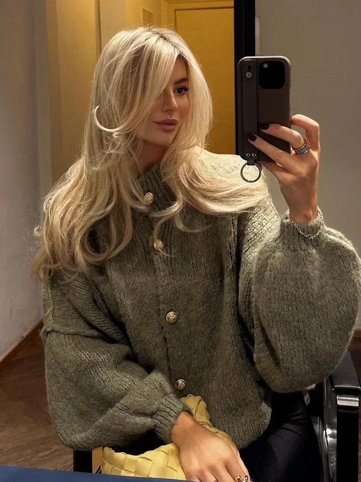 Chunky Cardigan - Överdimensionerad stickad cardigan med hög hals för kvinnor