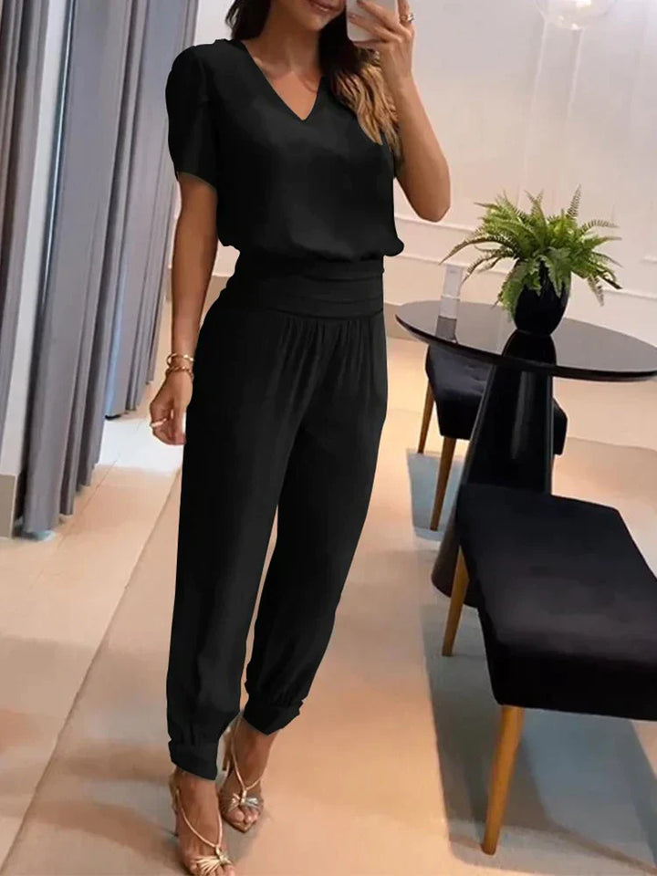 Co-Ord Set - Tvådelat set med kortärmad blus och byxor med hög midja för kvinnor