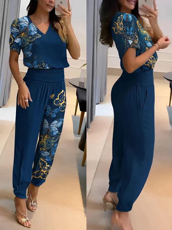 Co-Ord Set - Tvådelat set med kortärmad blus och byxor med hög midja för kvinnor
