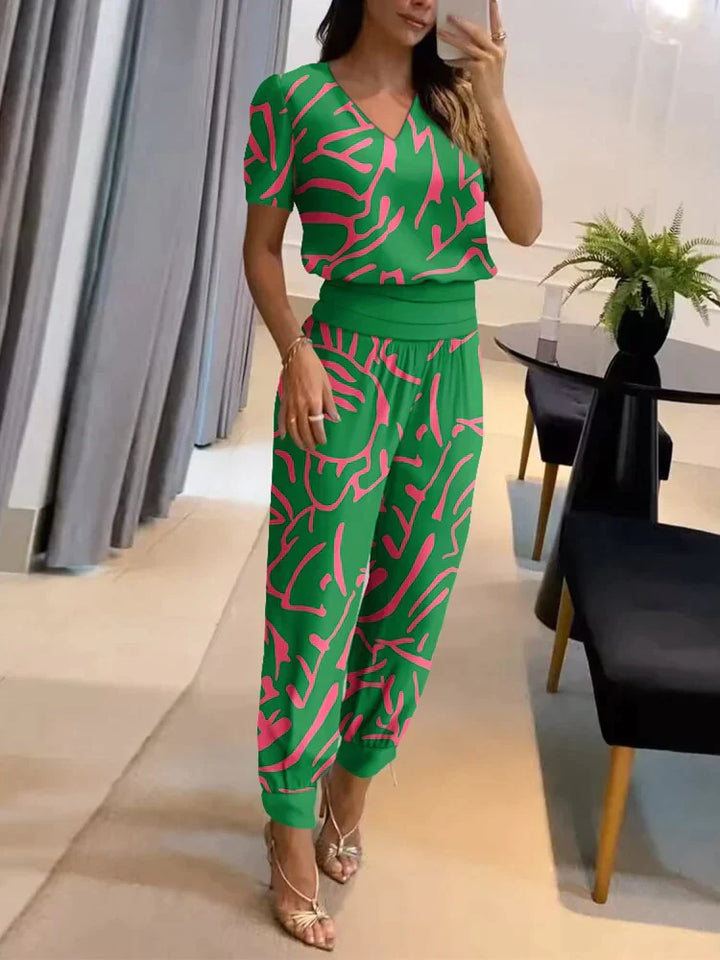 Co-Ord Set - Tvådelat set med kortärmad blus och byxor med hög midja för kvinnor