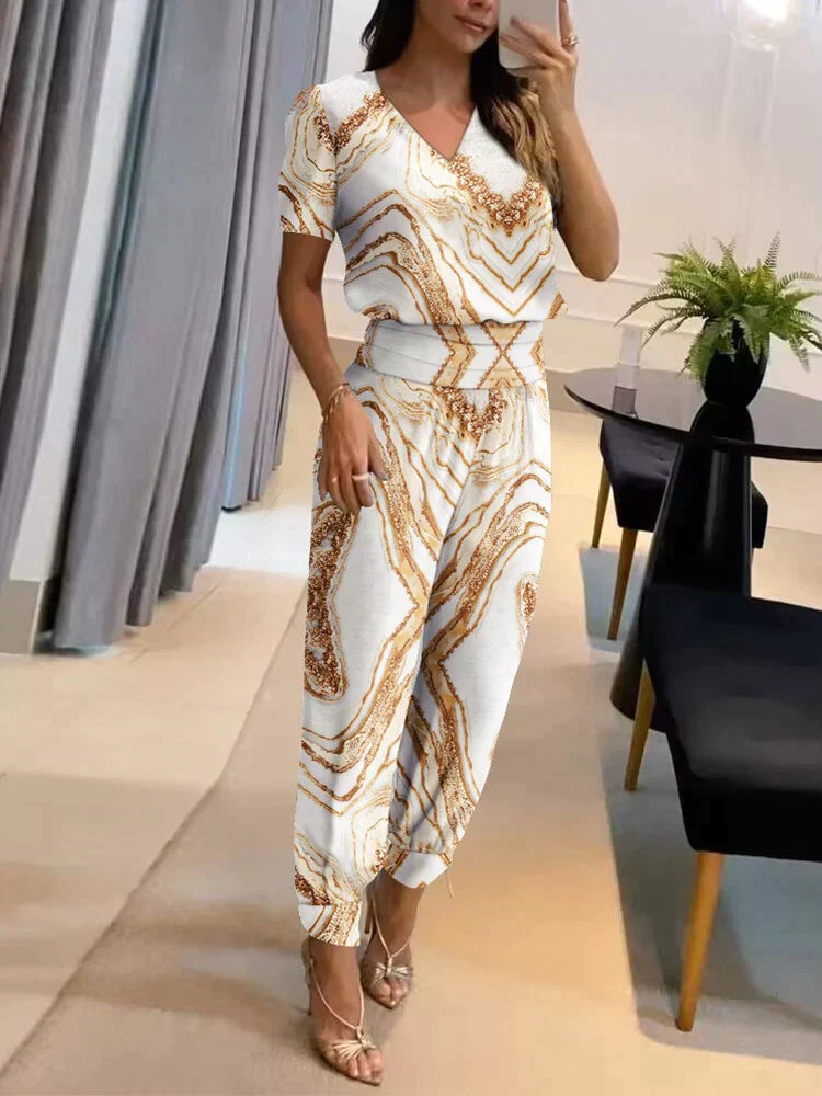 Co-Ord Set - Tvådelat set med kortärmad blus och byxor med hög midja för kvinnor