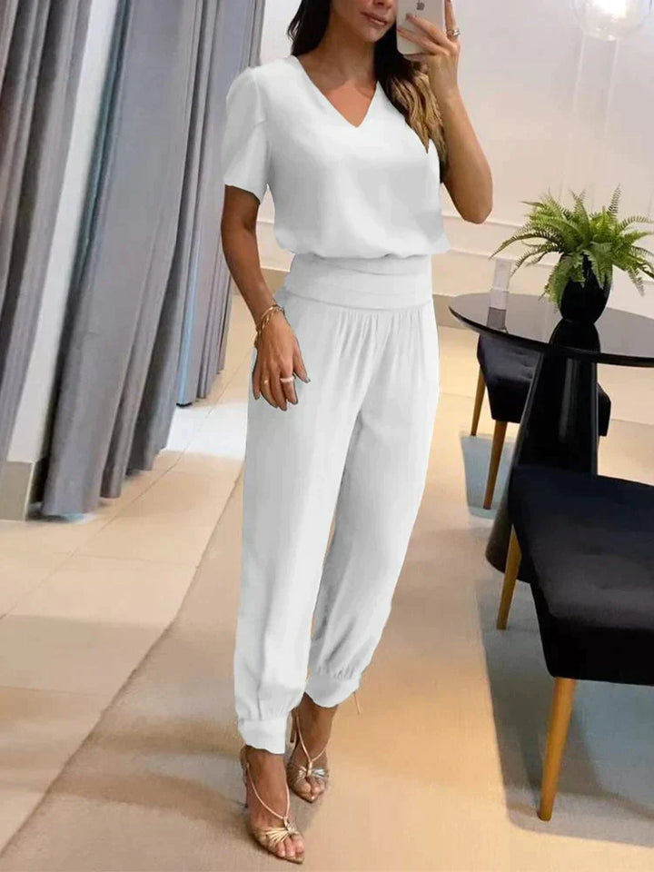 Co-Ord Set - Tvådelat set med kortärmad blus och byxor med hög midja för kvinnor