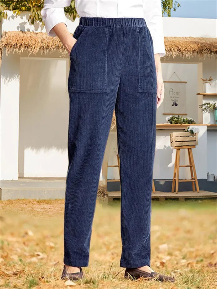 Corduroy Byxor - Dam Casual Elastisk Midja Raka Ben Cord Byxor
