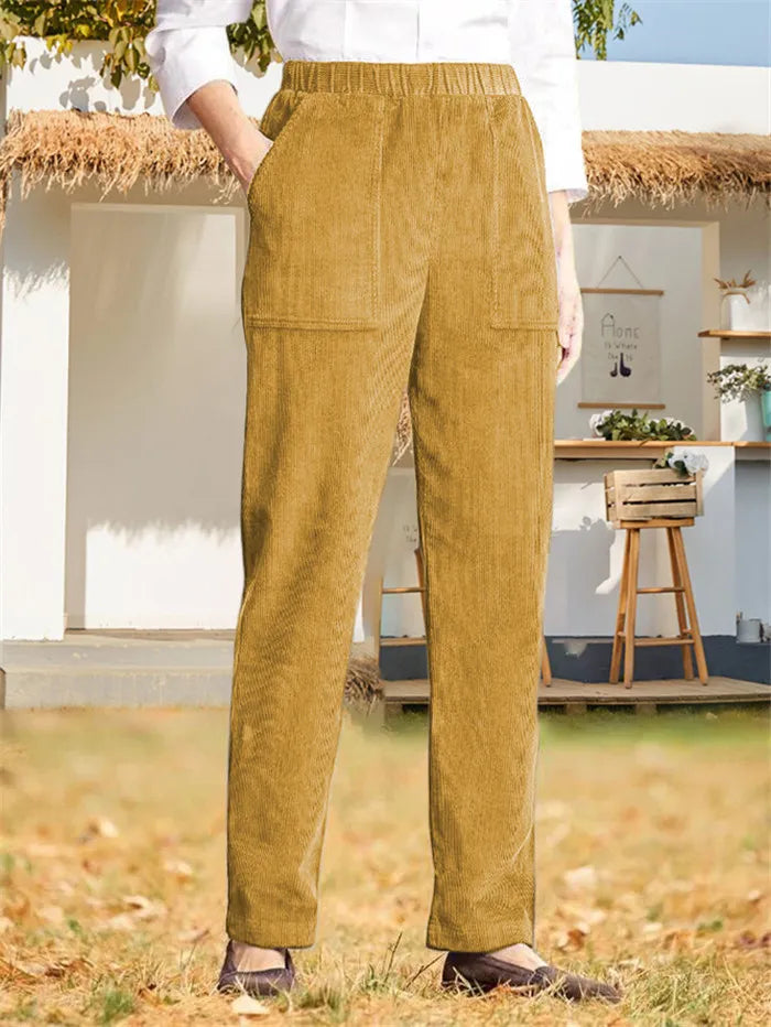 Corduroy Byxor - Dam Casual Elastisk Midja Raka Ben Cord Byxor