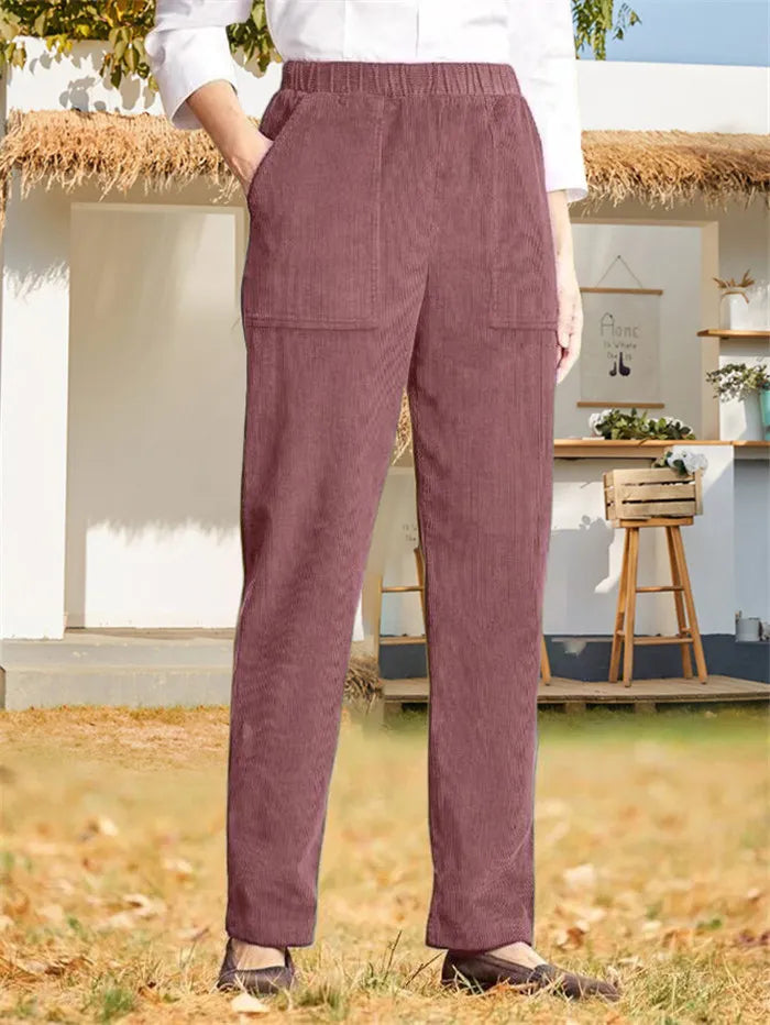 Corduroy Byxor - Dam Casual Elastisk Midja Raka Ben Cord Byxor