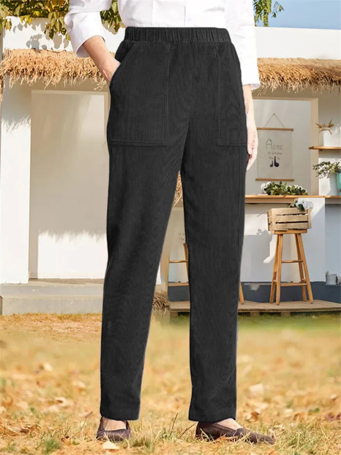 Corduroy Byxor - Dam Casual Elastisk Midja Raka Ben Cord Byxor