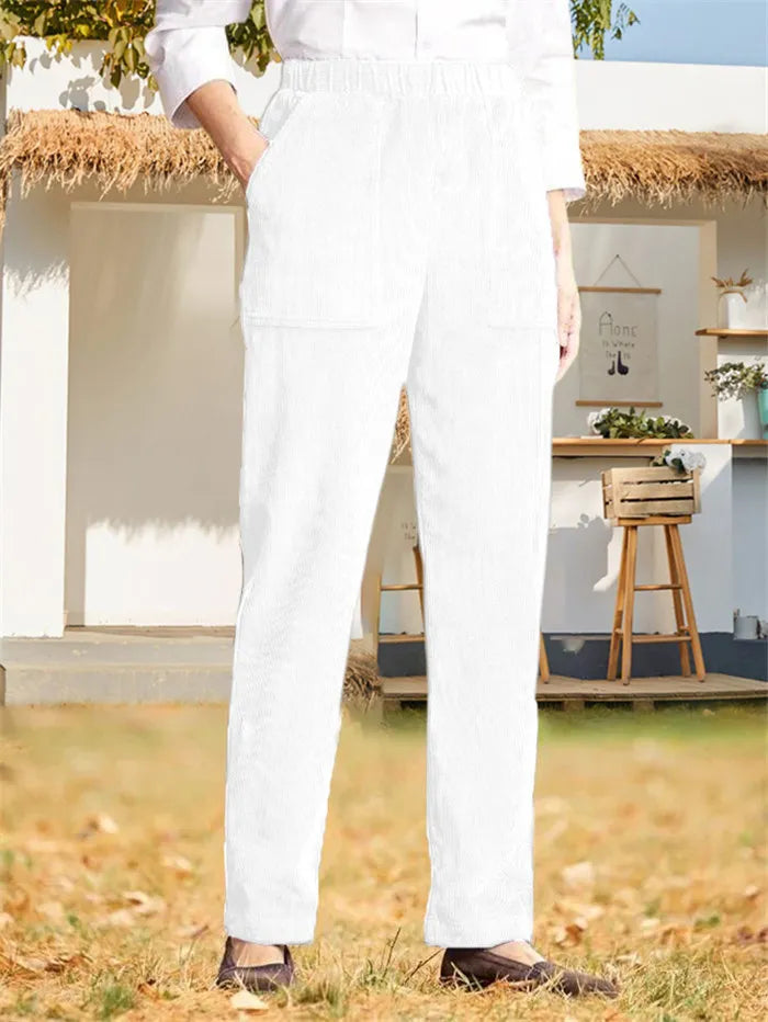 Corduroy Byxor - Dam Casual Elastisk Midja Raka Ben Cord Byxor