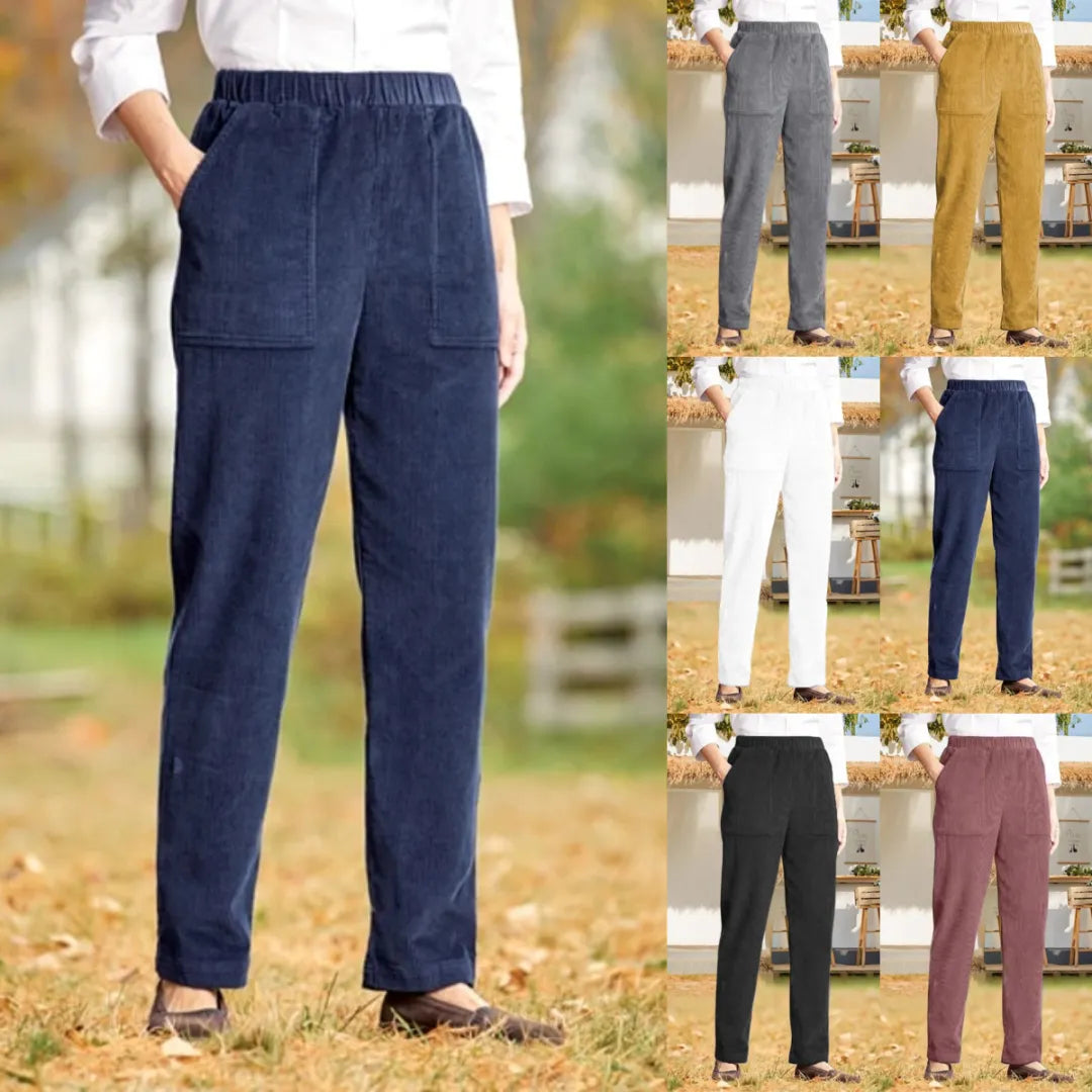Corduroy Byxor - Dam Casual Elastisk Midja Raka Ben Cord Byxor