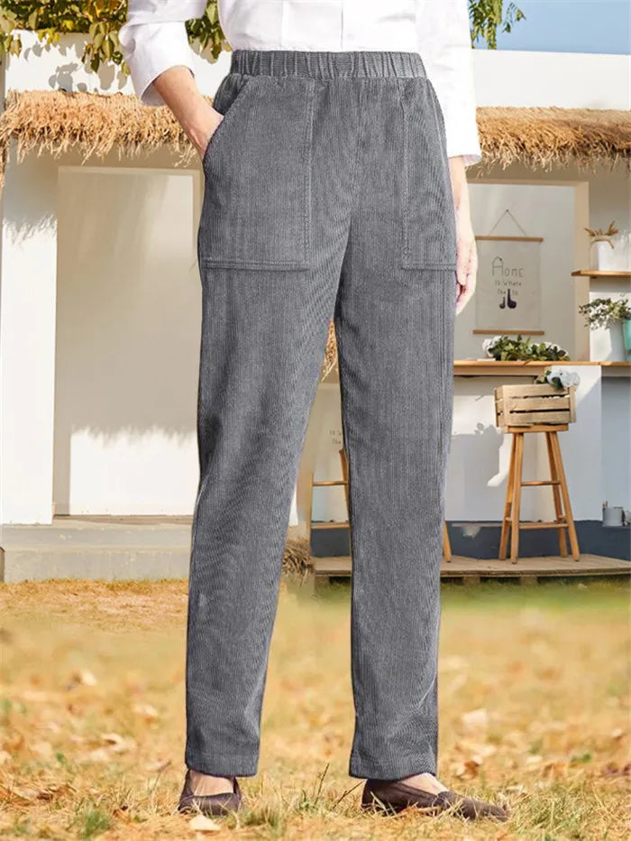 Corduroy Byxor - Dam Casual Elastisk Midja Raka Ben Cord Byxor