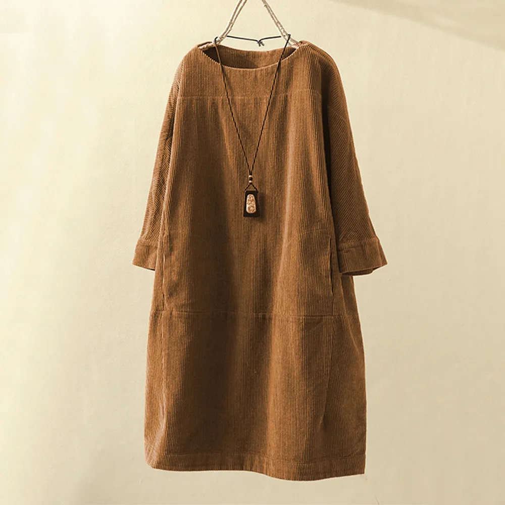 Corduroy Dress - Långärmad Midiklänning med Lös Passform för Kvinnor