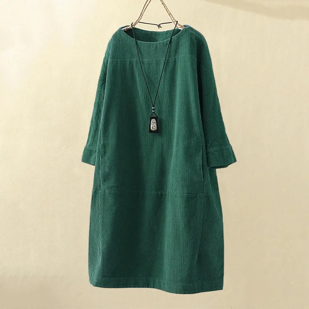 Corduroy Dress - Långärmad Midiklänning med Lös Passform för Kvinnor