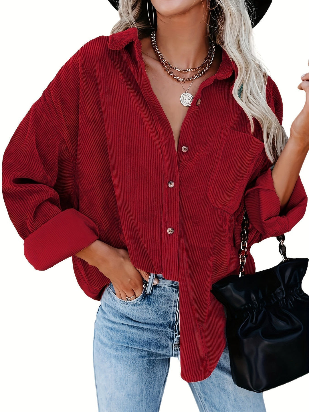 Corduroy skjorta - Casual överdimensionerad överskjorta med knappar för kvinnor