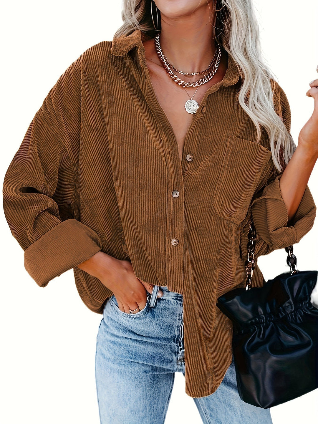 Corduroy skjorta - Casual överdimensionerad överskjorta med knappar för kvinnor