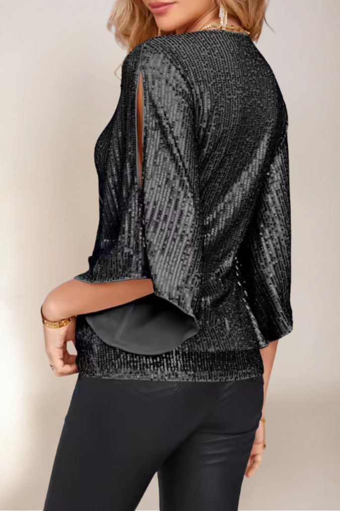 Dam Wrap Blus Glittrande Polyester med Flödande Ärmar