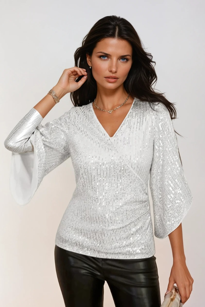 Dam Wrap Blus Glittrande Polyester med Flödande Ärmar