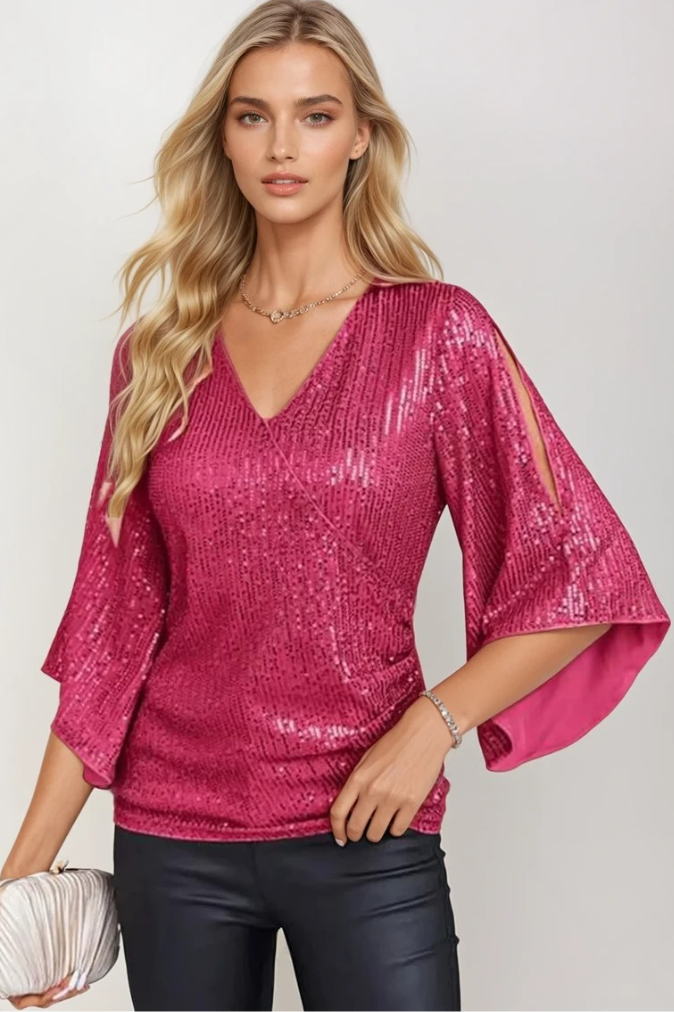 Dam Wrap Blus Glittrande Polyester med Flödande Ärmar