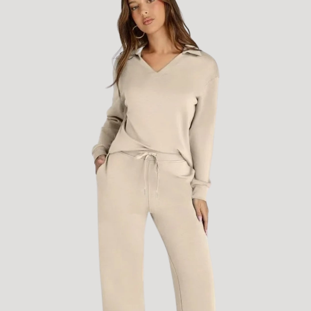 Dam stickad lounge set V ringad topp byxor mysdress