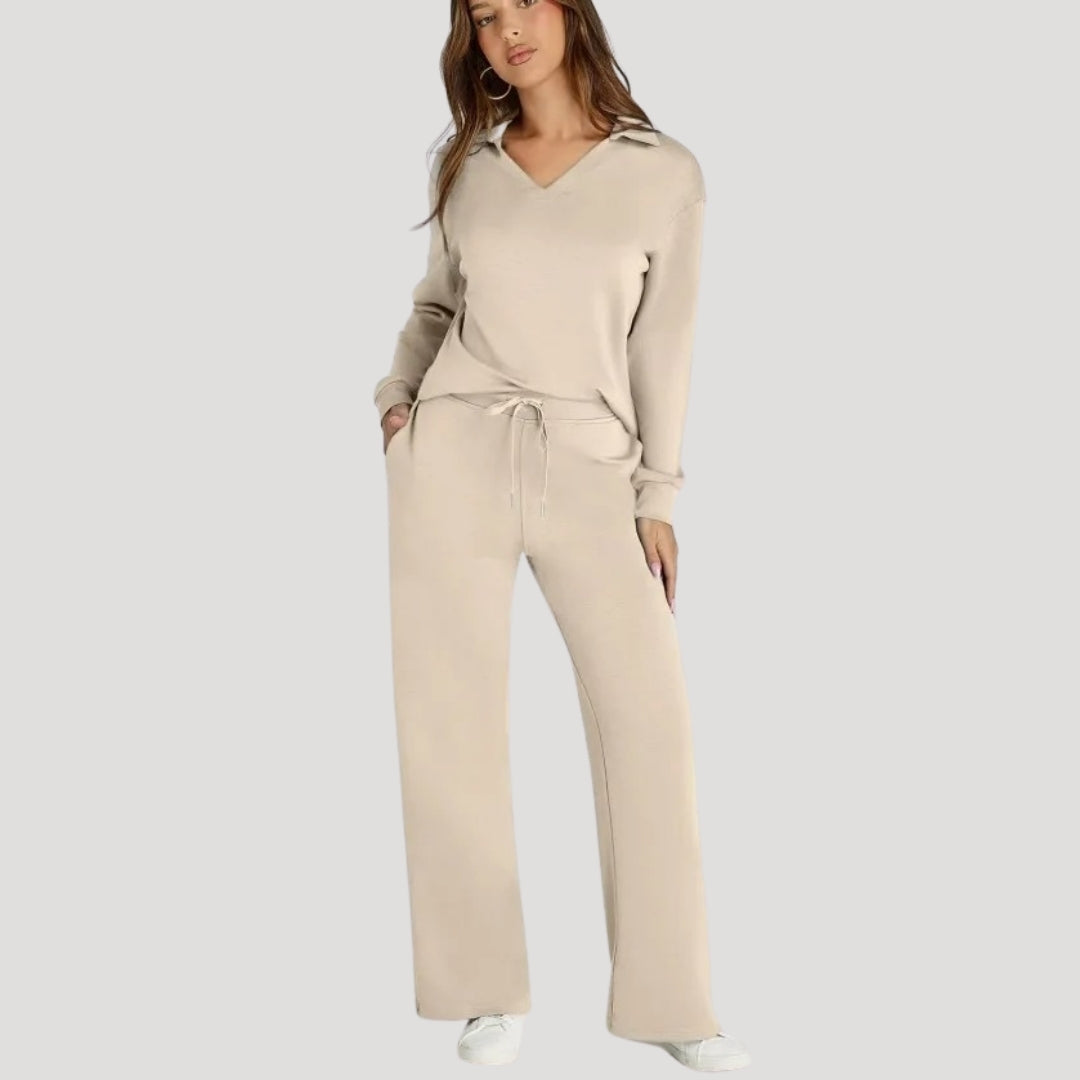 Dam stickad lounge set V ringad topp byxor mysdress
