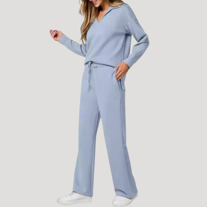 Dam stickad lounge set V ringad topp byxor mysdress