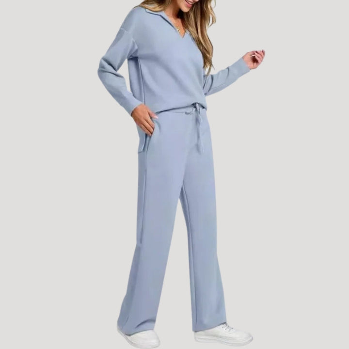 Dam stickad lounge set V ringad topp byxor mysdress