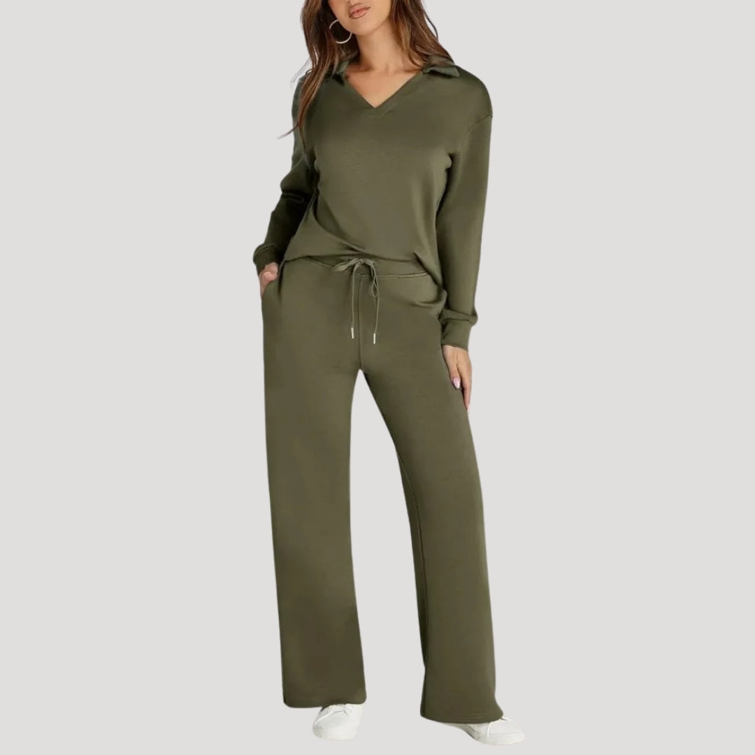 Dam stickad lounge set V ringad topp byxor mysdress