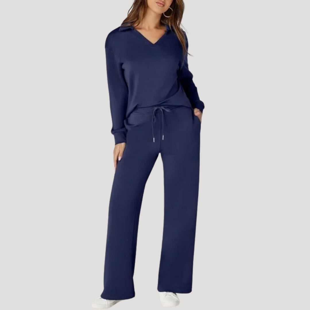 Dam stickad lounge set V ringad topp byxor mysdress