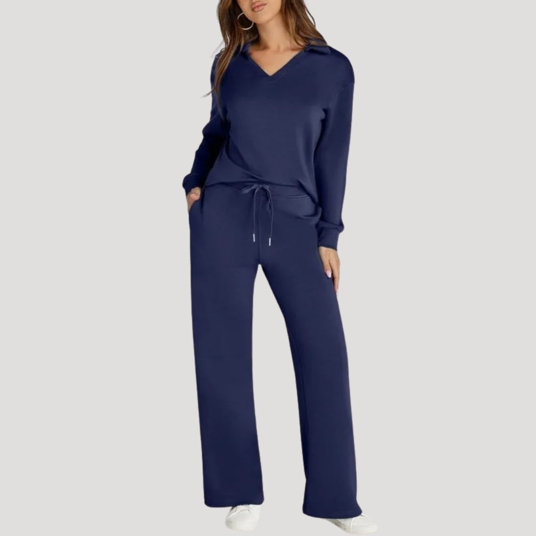 Dam stickad lounge set V ringad topp byxor mysdress