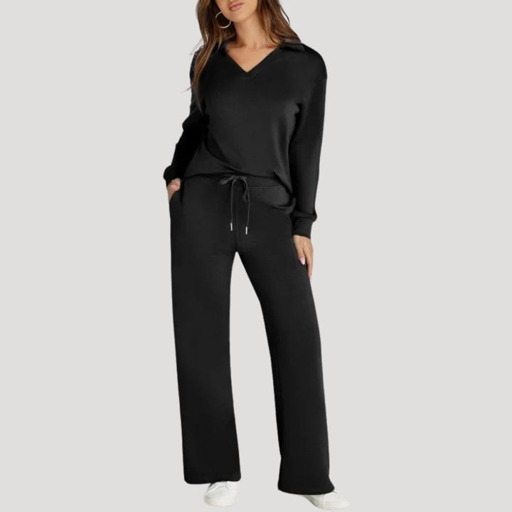 Dam stickad lounge set V ringad topp byxor mysdress