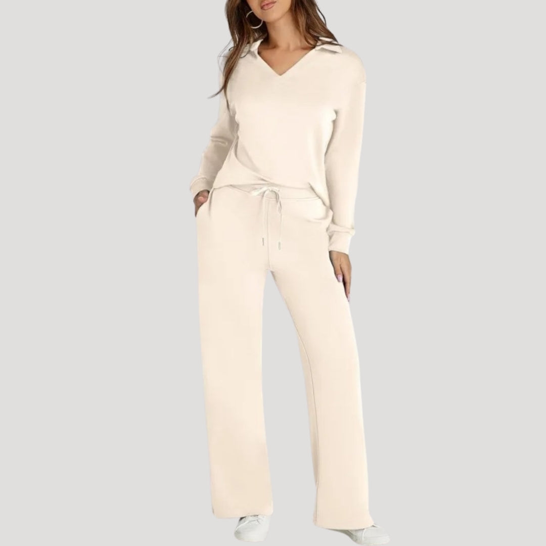 Dam stickad lounge set V ringad topp byxor mysdress