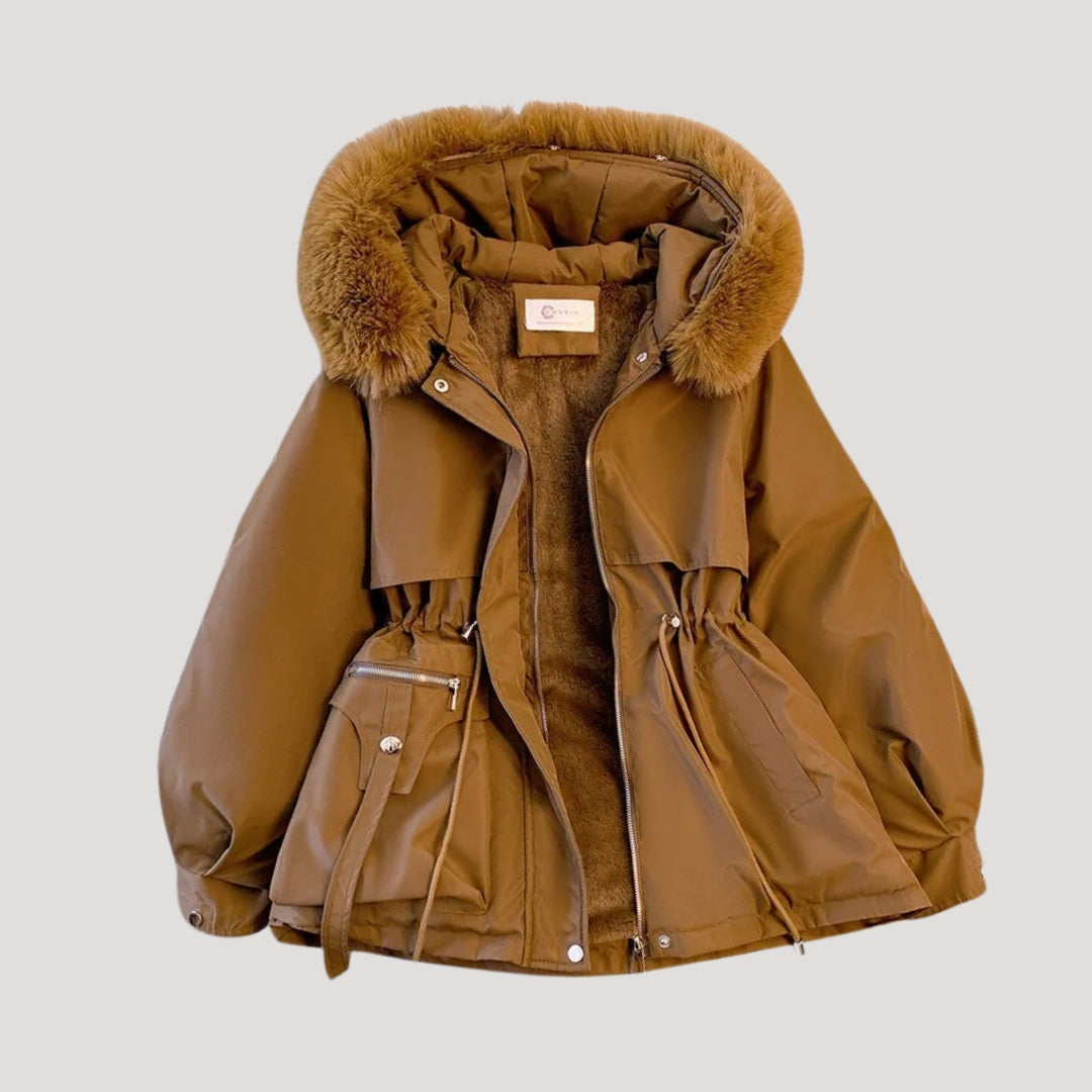 Dam jackor vinterparka med faux päls och justerbar midja