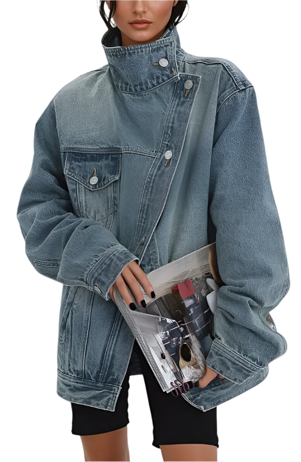 Damernas Oversized Denimjacka med Hög Krage och Asymmetrisk Design