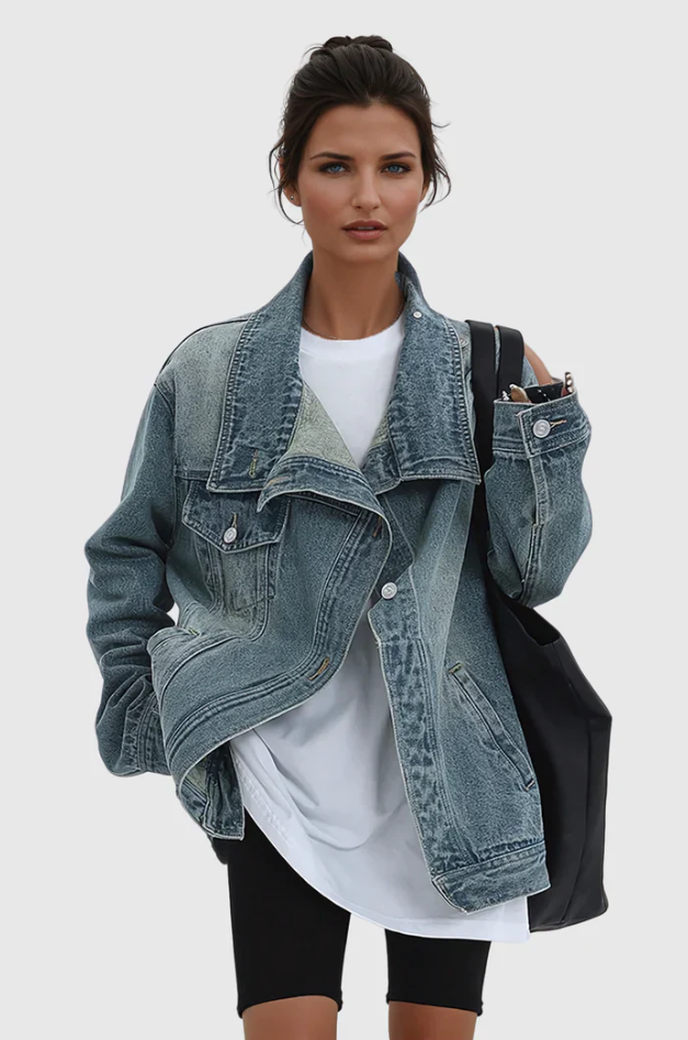Damernas Oversized Denimjacka med Hög Krage och Asymmetrisk Design