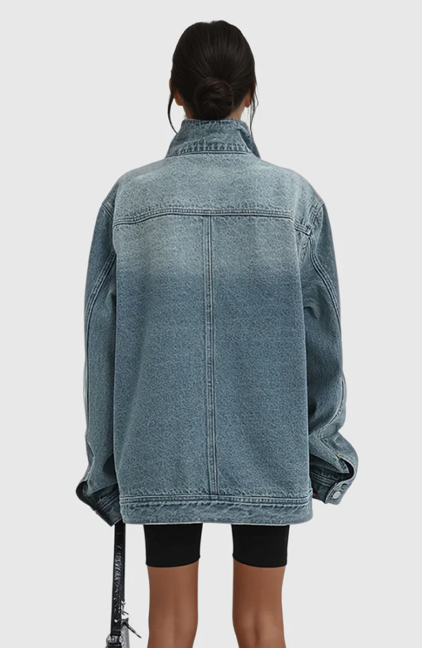 Damernas Oversized Denimjacka med Hög Krage och Asymmetrisk Design