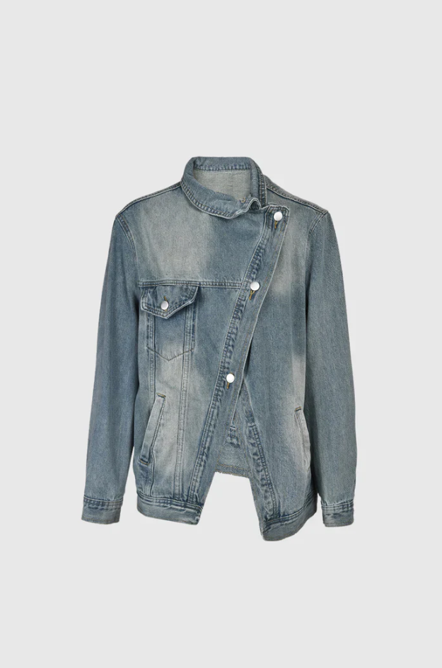 Damernas Oversized Denimjacka med Hög Krage och Asymmetrisk Design