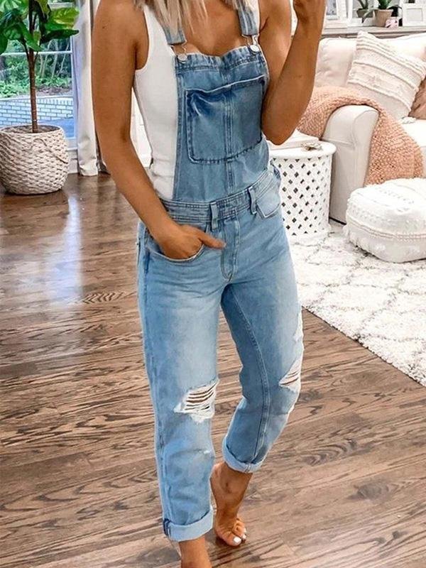 Denim Overalls - Rippade - Ärmlösa - Denim Dungarees - Jumpsuit Denim Dam