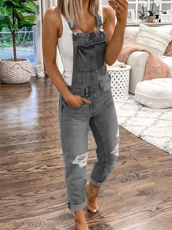 Denim Overalls - Rippade - Ärmlösa - Denim Dungarees - Jumpsuit Denim Dam